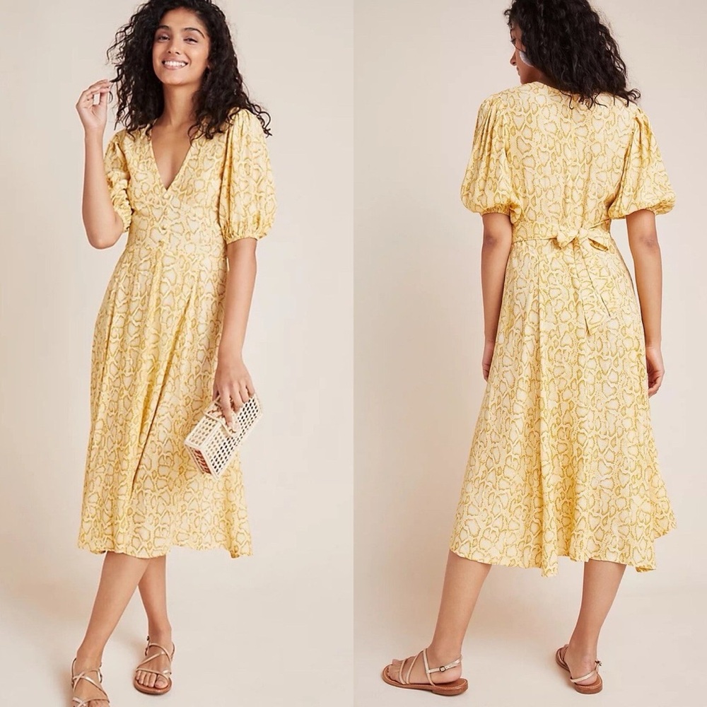 Faithfull the Brand yellow snakeskin print midi dress